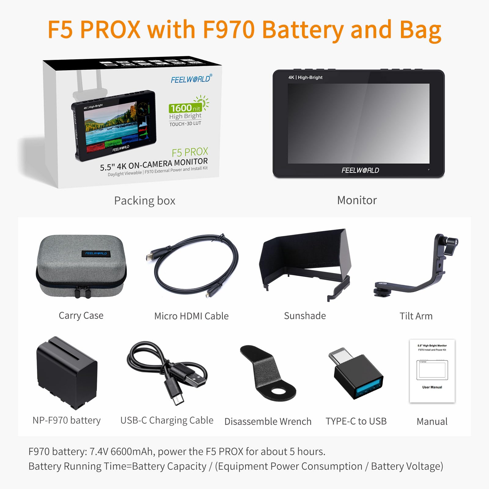 FEELWORLD F5 Prox 5.5 Inch 1600nit High Bright DSLR Camera Field Monitor with F970 Battery 6600mAh and Bag, Touchscreen Waveform LUT External Install and Power Kit 1920x1080 HDMI in Out Type-c Input