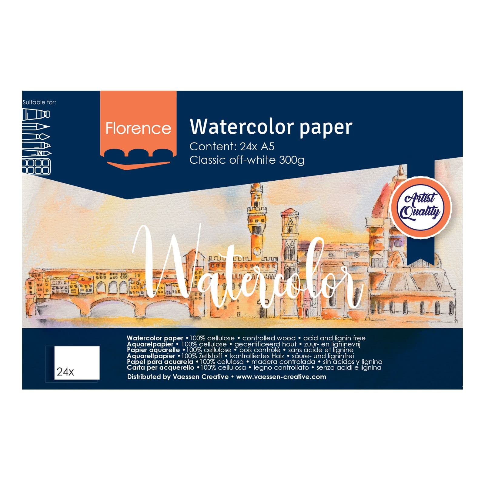 Vaessen Creative Florence Watercolour Paper Pad A5, Off-White, 300 GSM, Textured Surface, Artist Grade Quality, Sketchbook with 24 Sheets for Painting, Handlettering and Art Projects