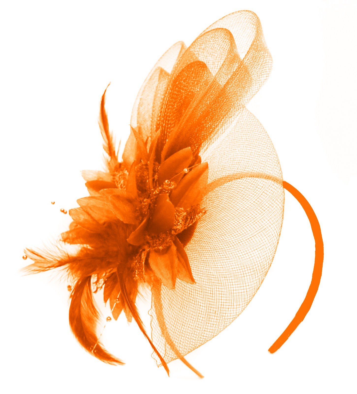 Caprilite Orange Fascinator Headband Flower Wedding Ascot Races Net Hat Feathers