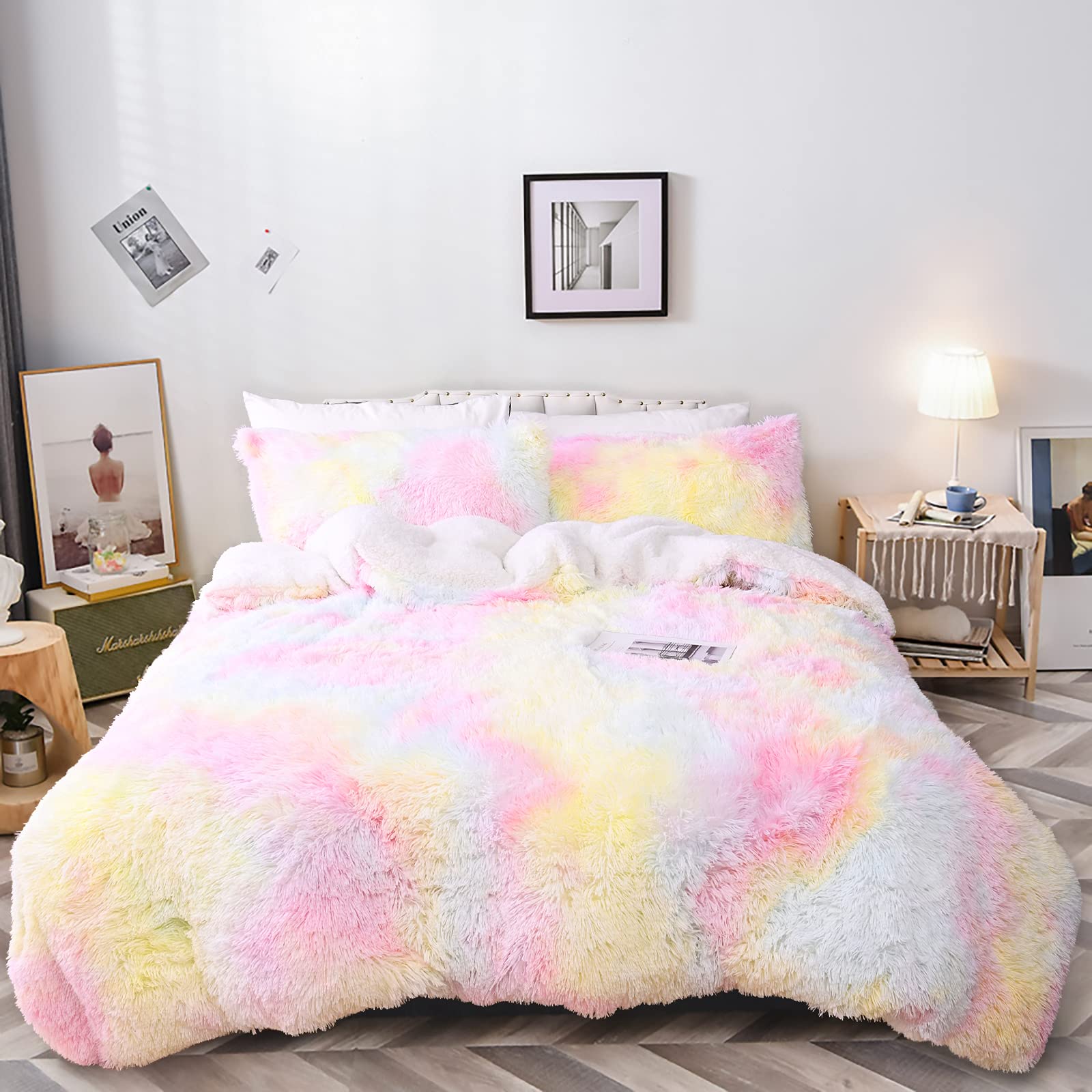 ISEAU Ultra Soft Plush Shaggy Duvet Cover Bedding Set, 4 PCS Faux Fur Rainbow Warm Comforter Cover Sets, Contains 2 Pillowcases, 1 Furry Velvet Duvet Cover and 1 Luxury Bedspread