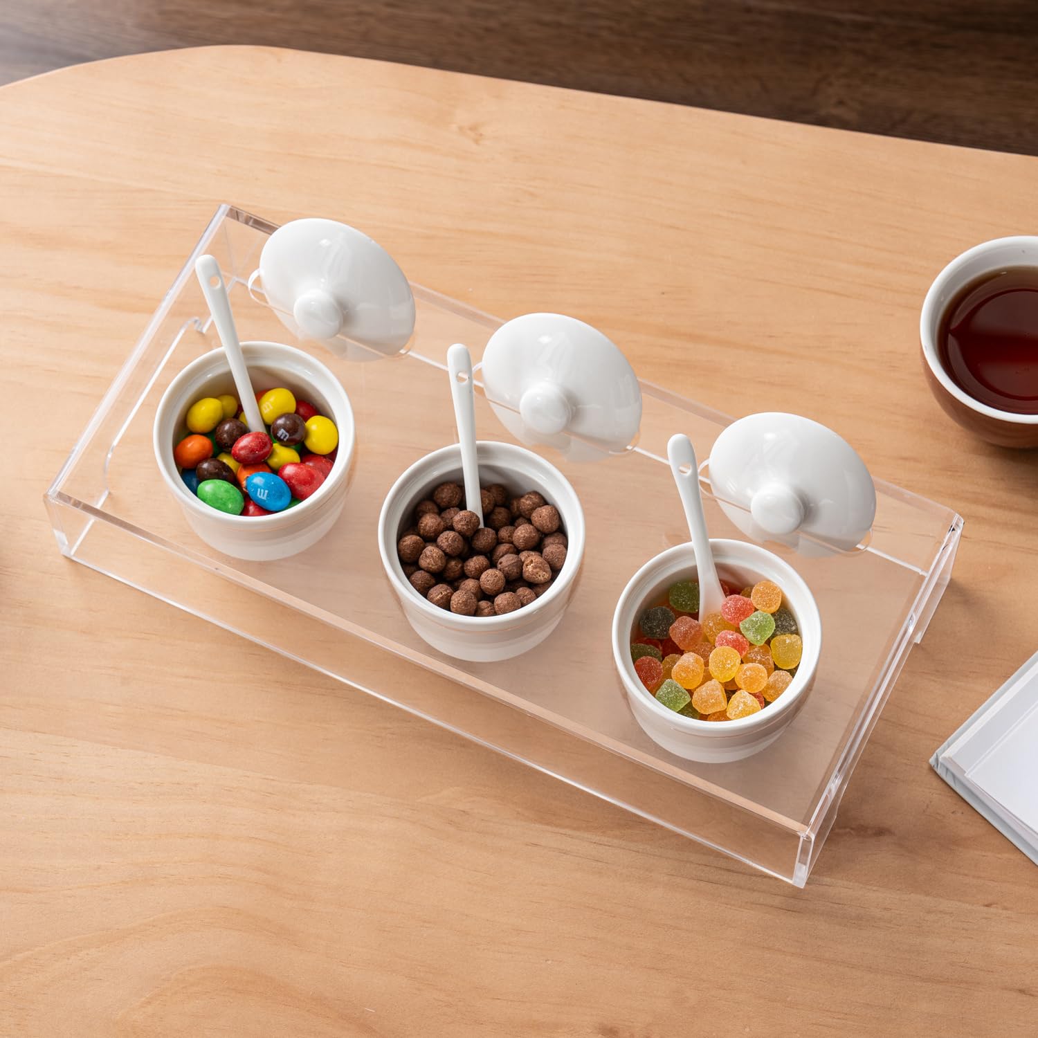 Photo 1 of ***BROKEN LIDS*** MyGift 10 Pcs Condiment Pot Serving Dishes Set, Clear Acrylic Server Tray and 3 Ceramic Ramekin Bowls with Lids and Spoons for Sauces, Dips, Hosting Essentials for Party