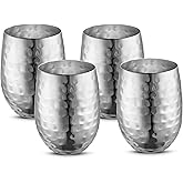 AVADOR Handcrafted Set of 4 Stainless Steel Shatterproof Glass Drinkware Tumbler Hammered Finish 16 Oz. each for Water | Wine | Moscow Mules | Stemless Wine Glass (Stainless Steel Finish)