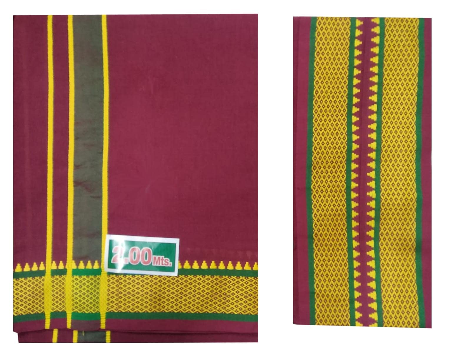 Photo 1 of Kolakeer Men's Cotton Dhoti And Angavastram Set - 4 Mulam/1.9 Mtr Fancy Resham Bordered Dhoti With 1.5 Mtr Angavastram Towel (Maroon)