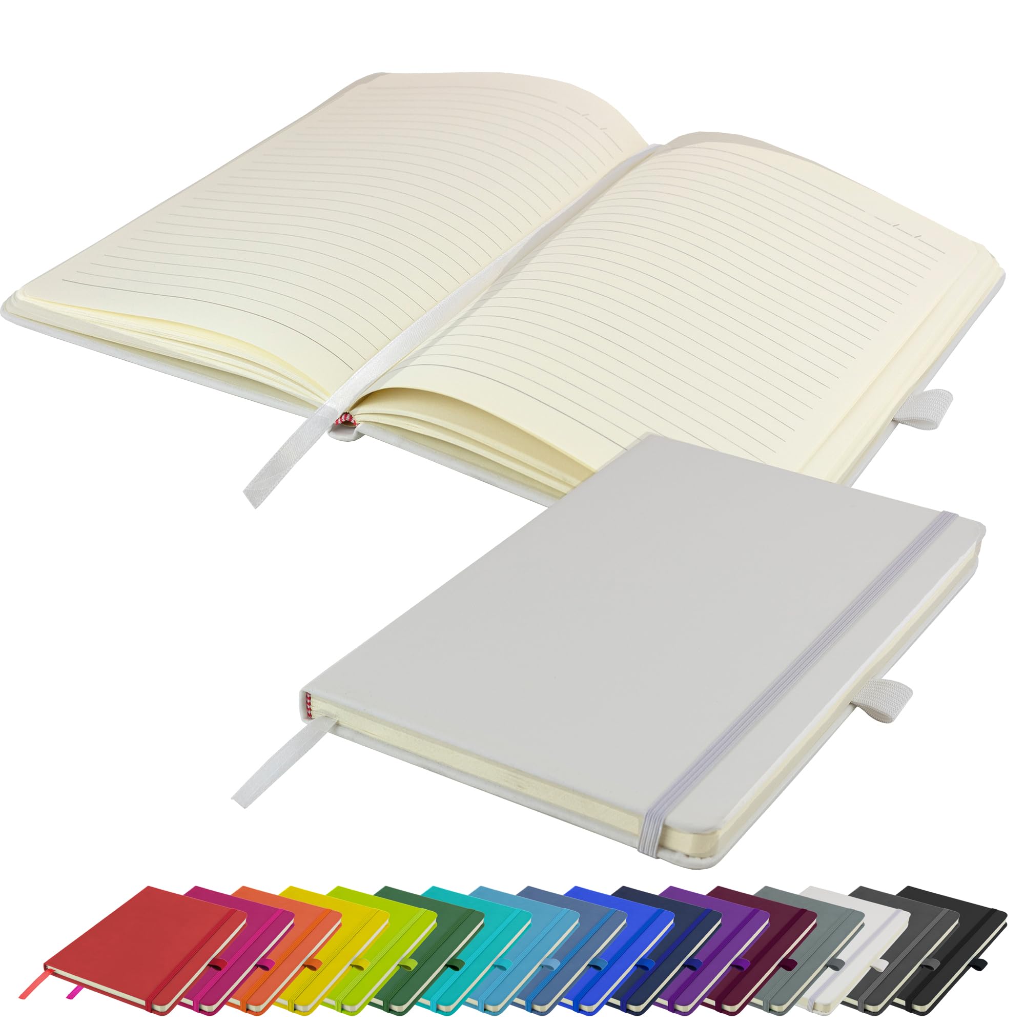 Savvy Bee A5 Notebook New Lined Hardback Journal with pen loop, elastic closure & ribbon page marker Notepad Note Book Notes Diary Pad (White)