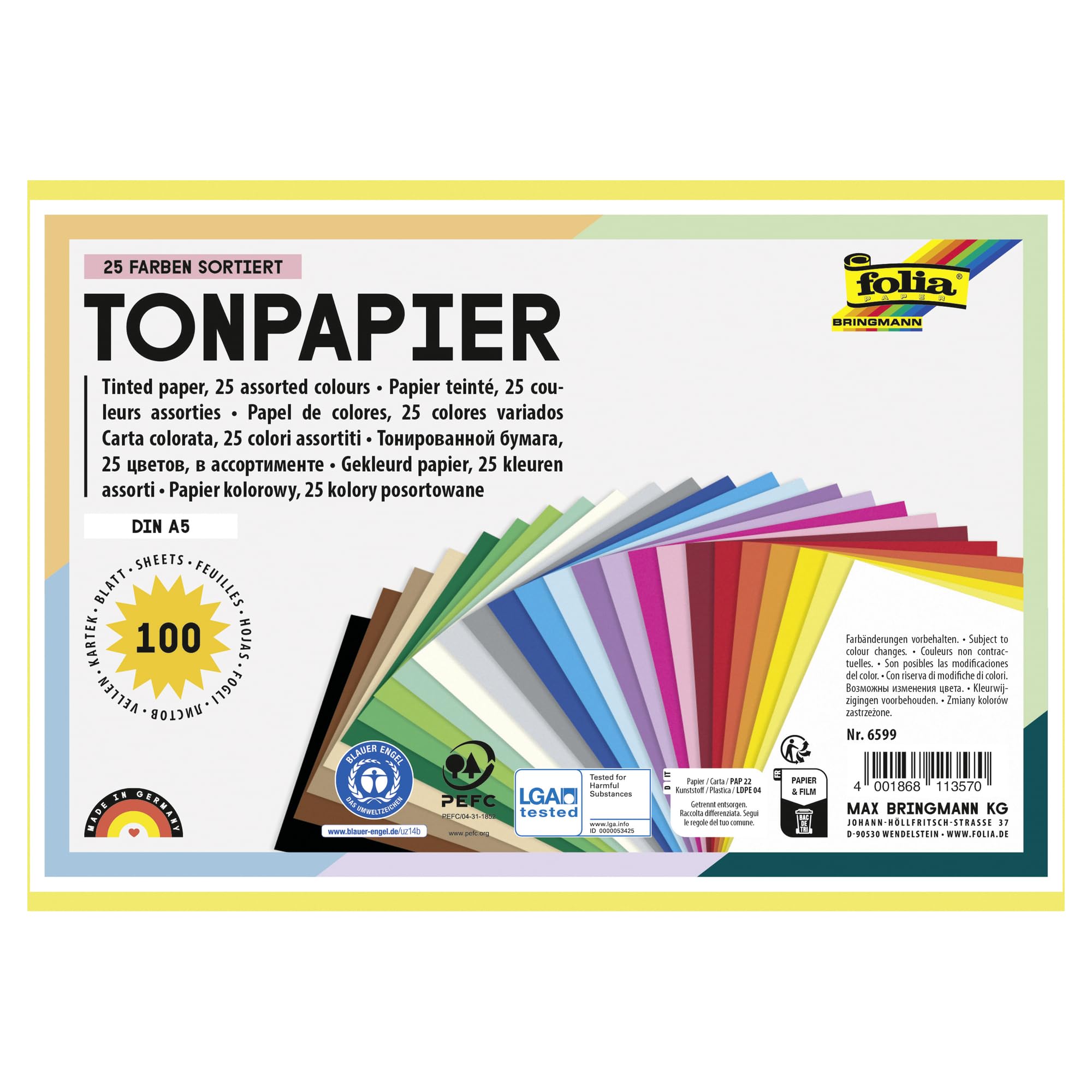 folia 6599 Coloured Paper Mix, DIN A5, 130 g/m², 100 Sheets Assorted in 25 Colours, for Crafts and Creative Design of Cards, Window Pictures and Scrapbooking