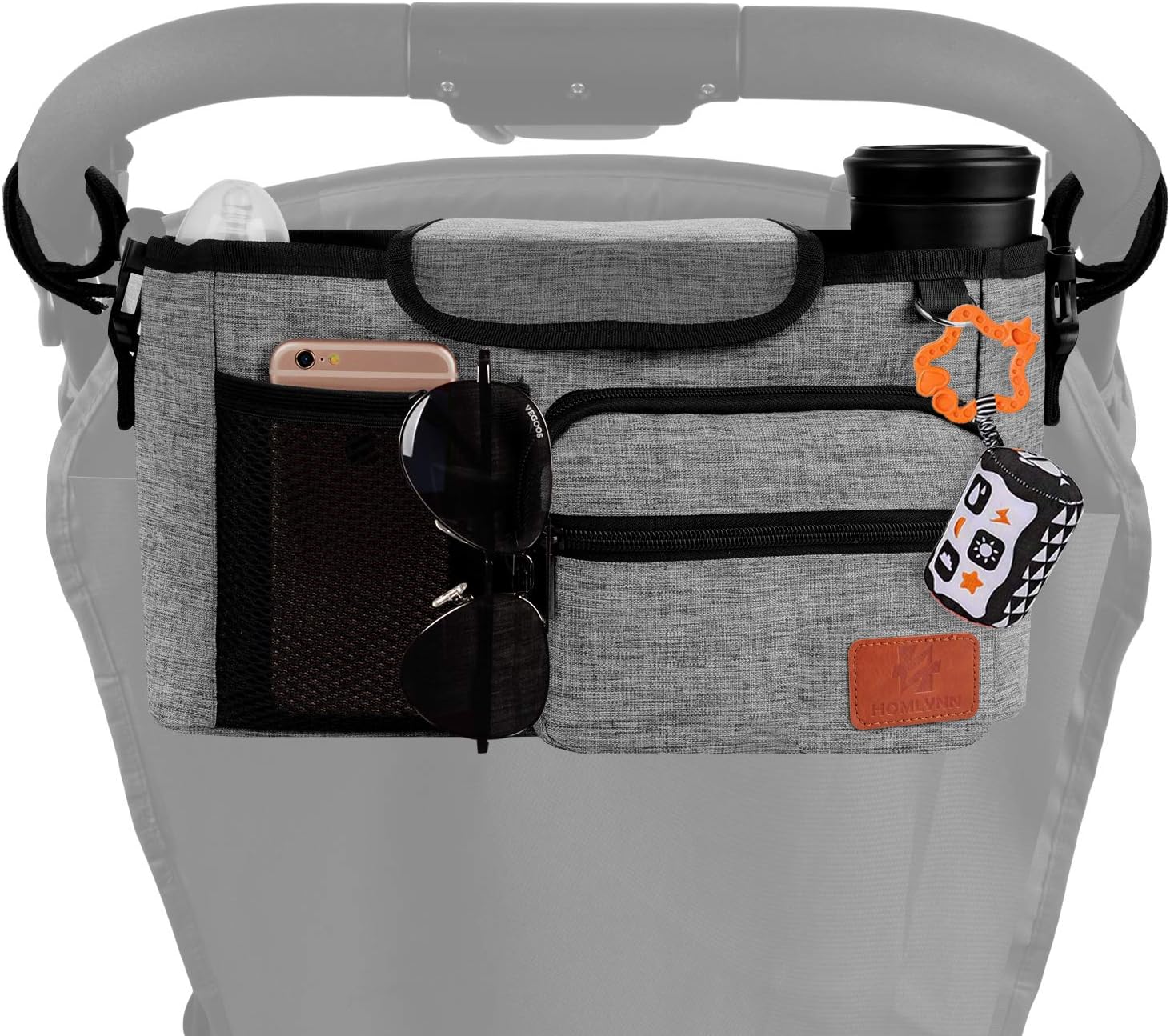 Homlynn Stroller Organizer, Parent Console Storage Bag-2 Deep Cup Holders Extra-Large Storage with Shoulder Strap, Adjustable Handlebar Strips-Fit All Stroller Models(Grey): Home Improvement