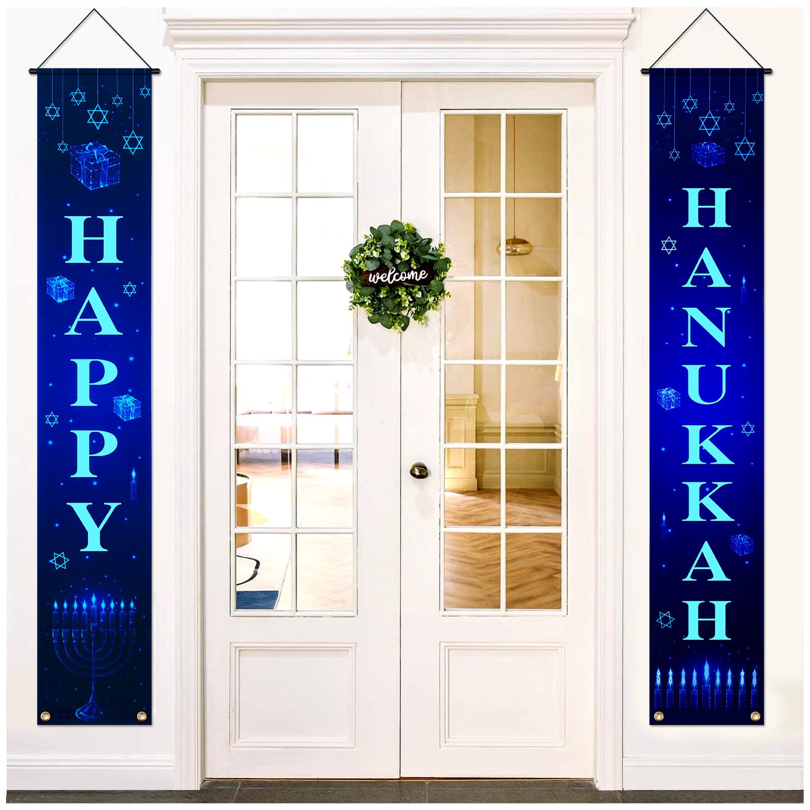 Photo 1 of ***READ CLERK NOTES*** 2PCS Happy Hanukkah Door Banner, Chanukah Decorations, Porch Hanging Blue White Welcome Sign for Home Holiday Party Outdoor Decor
