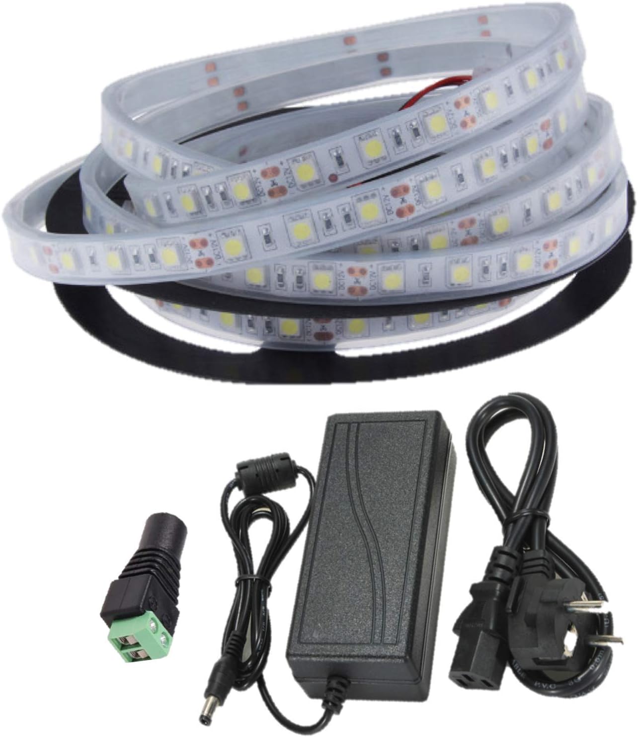LED Strip light kit, 12 V 5050 Waterproof IP67 Pure White (6000 – 6500K) + 5A Waterproof Transformer (5 Metres 300 LEDs, 60 LED/m, IP67)