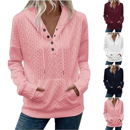 Gezqieunk Womens Jumpers Hoodies for Women Uk Drawsring V Neck Jumpers Hooded Long Sleeve Sweatshirts Solid Color Pocket Cable Knitted Pullover Autunm Winter Loose Sweaters Pink S