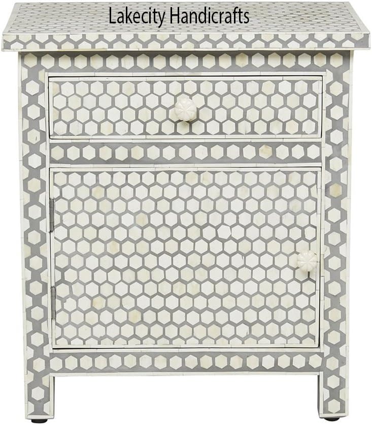 Bone Inlay Dove Gray Bedside Table Honeycomb Design