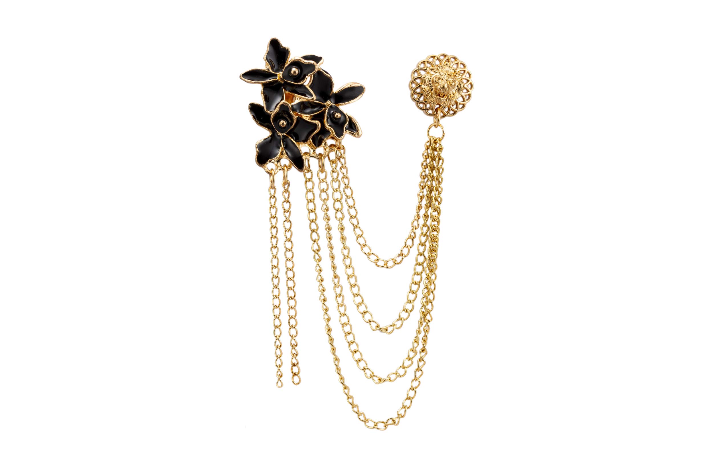 Brooch Lapel Pin for Men Black and Gold Flowers with Hanging Chain and Abstract Detailing Lapel Pin Badge Coat Suit Wedding Gift Party Shirt Collar Accessories