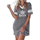 Ekouaer Nightgowns for Women Cotton Night Gown Short Sleeve Sleepwear V Neck Color Block Sleep Shirts Ladies Night Shirts
