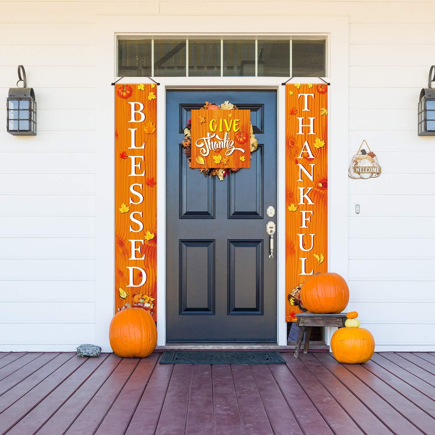 Blessed Thankful Hanging Banner Fall Harvest Welcome Banner Porch Sign Autumn Pumpkin Maple Leaf Backdrop Flag for Home Yard Indoor Outdoor Thanksgiving Party Decorations - Image 4