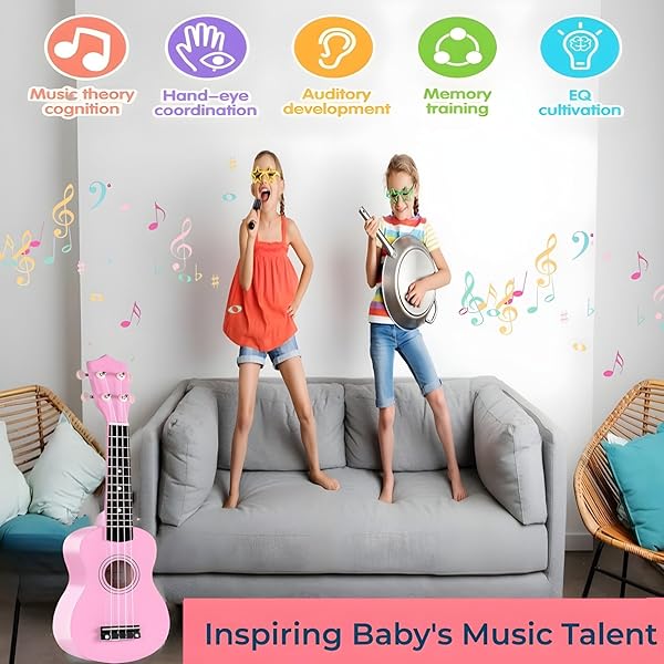 21 INCH WOODEN KIDS TODDLER CHILD CHILDREN ACOUSTIC GUITAR MUSICAL INSTRUMENTS IDEAL FOR 3-9 YEAR OLD BOYS GIRLS GIFTS (PINK)