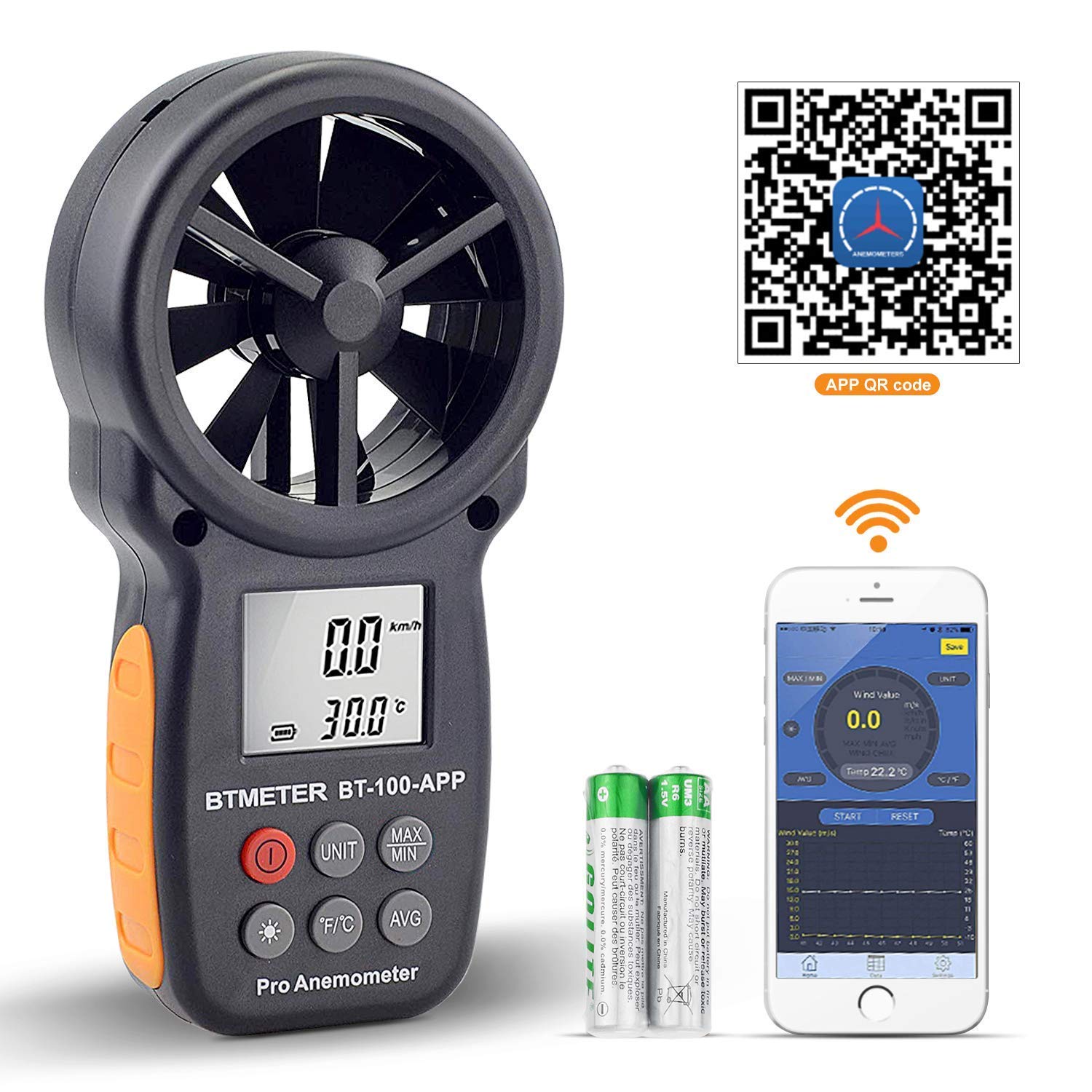 BTMETER Digital Wind Speed Anemometer Handheld, Wireless Bluetooth Vane Anemometer Meter for Wind Chill, Speed, Temperature Monitor BT-100APP
