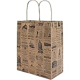 SSWBasics Brown Kraft Paper Shopping Bags - Reusable, Drawstring Closure, 8 'L x 4 'D x 10 'H, Case of 100, Newsprint Paper, Retail Shopper Bags