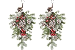2 Pack Artificial Christmas Wreath with Red Cones and Berries Christmas Teardrop Floral Swag for Front Door Xmas Holiday Wall