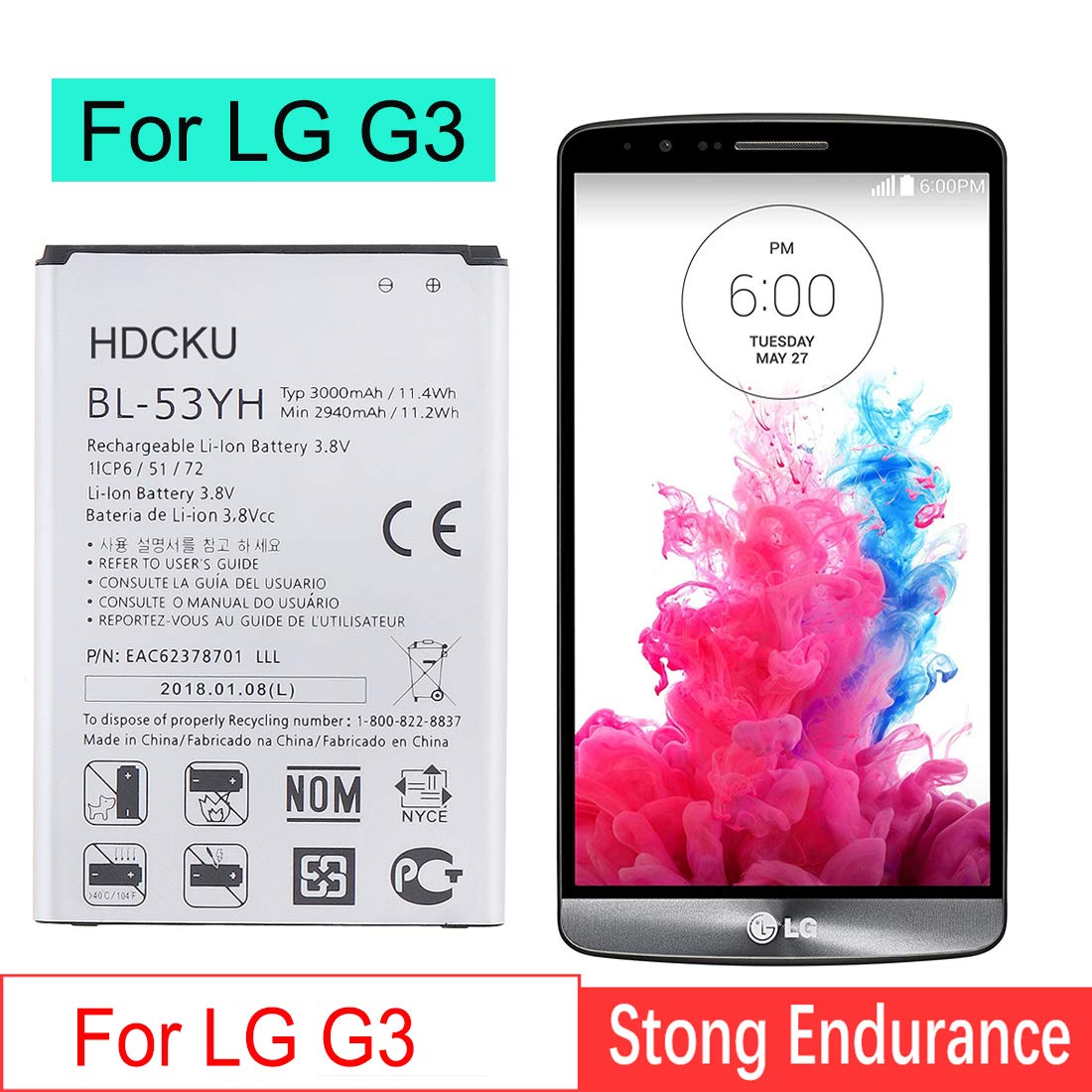 Amazon.com: HDCKU Battery Replacement for G3 BL-53YH D852, D855, ATT D850,  T-Mobile D851, Verizon VS985, Spring LS990 OEM Battery: Beauty