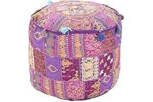 Aakriti Gallery Indian Pouf Footstool Ethnic Embroidered Pouf Cover, Indian Cotton Round Pouffe Ottoman Pouf Cover Pillow Ethnic Decor Art - Cover Only (Purple, 22x14)