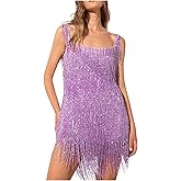 WFIAOUESS Women Sequin Fringe Dress Sling Tassel Hem Sparkly Spaghetti Strap Backless Bodycon Cocktail Party Mini Dresses
