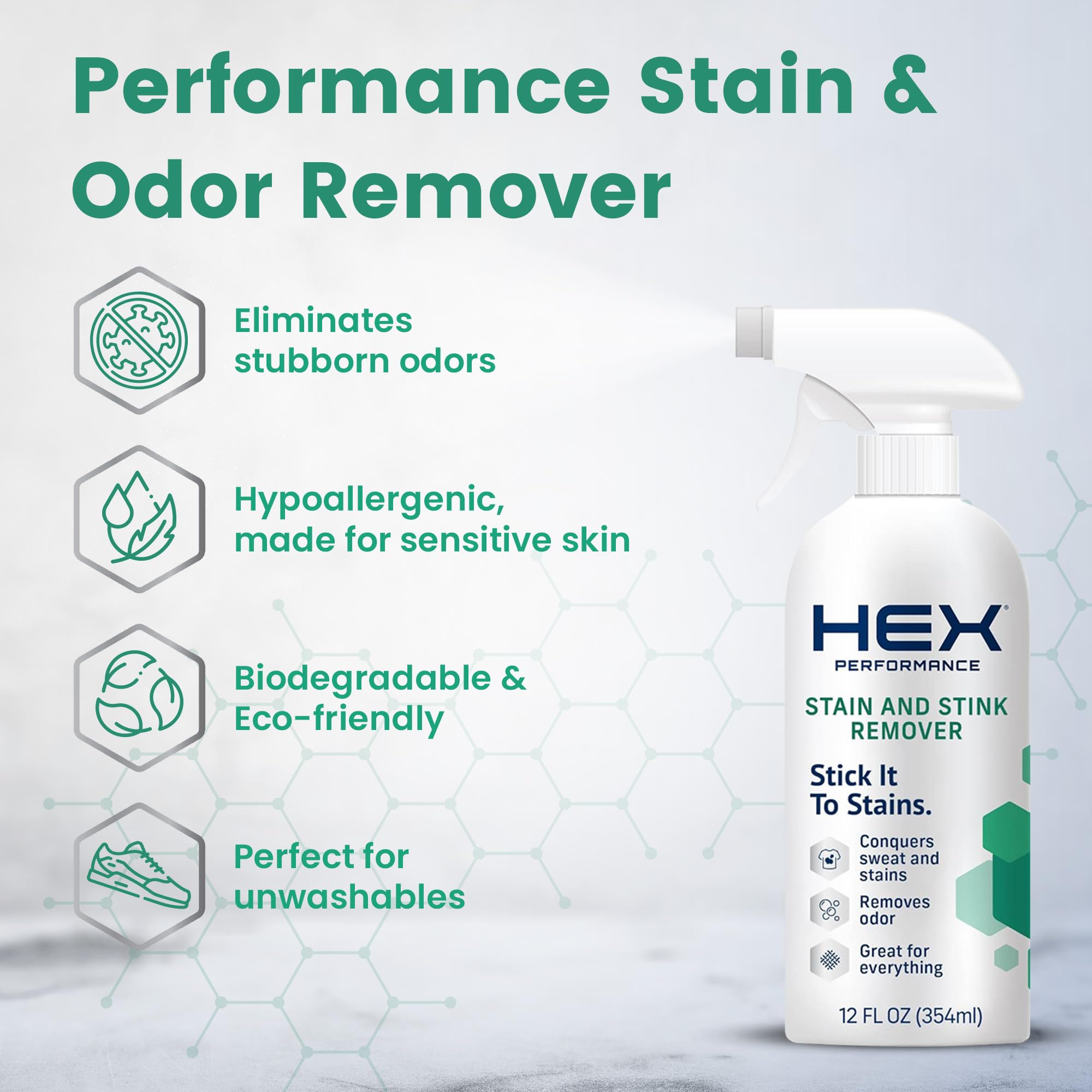 HEX Performance Stain & Stink Remover, Fragrance Free, 12oz (Pack of 2) - Designed for Activewear, Eco-friendly
