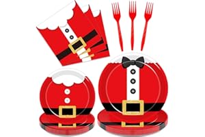 Kepeel 96 Pcs Santa Christmas Paper Plates Santa Claus Suit Disposable Party Plates Napkins Set Merry Christmas Holiday Dinnerware Party Decoration Supplies, Serves 24
