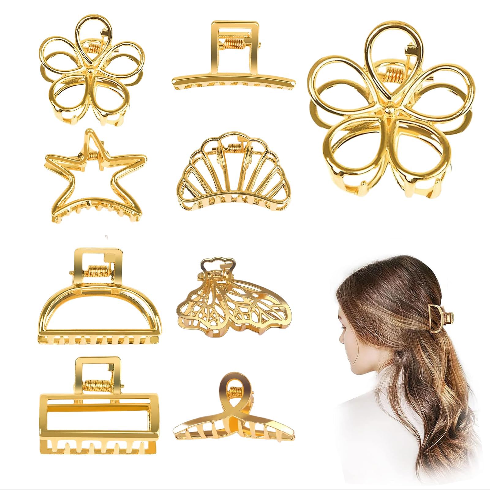 Shirene Gold Claw Clips, 8 Pcs Metal Hair Clips, Non Slip, Fashion Accessories for Women & Girls