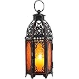 DECORKEY Moroccan Lanterns Decorative Indoor & Outdoor, 11’’ Medium Size Vintage Metal Hanging&Tabletop Candle Holder Decor, Halloween Christmas Ramadan Decorations for Home Porch Patio (Amber)