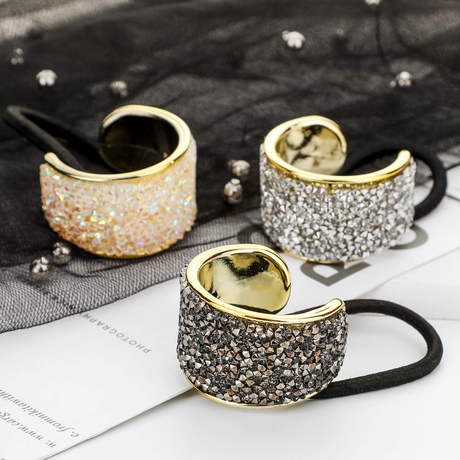 DEEKA Rhinestone Glitter Ponytail Holder Cuffs Elastic Hair Tie Band Pack of 3 for Women