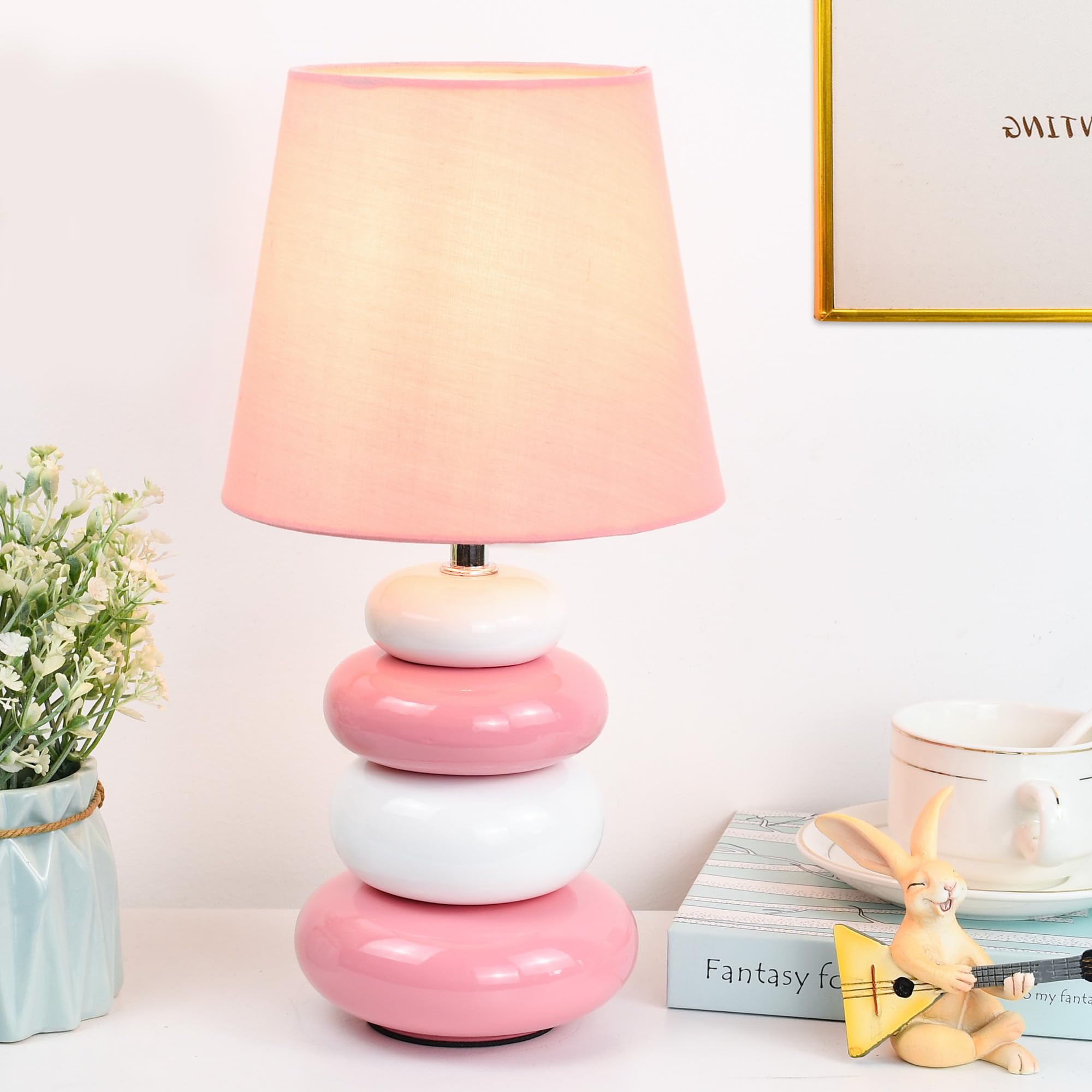 Photo 1 of Lampwell Ange Pink Small Table Lamp for Living Room as Bedside Table Lamp for Bedroom,Modern Ceramic Kids Night Table Lamp,?6.5×H12.44IN,Bulb Excluded