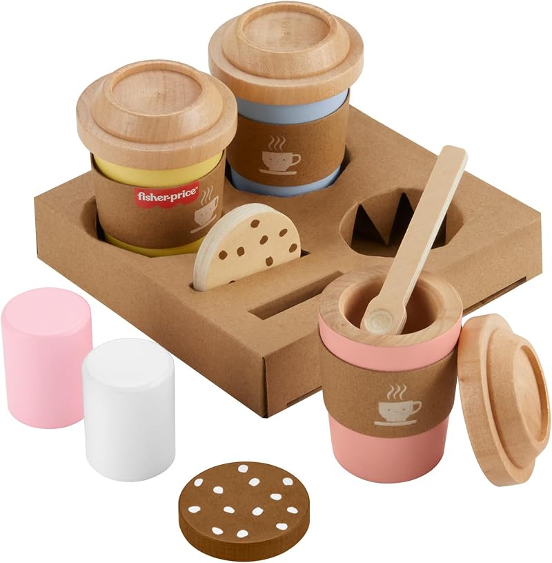 Fisher-Price Wooden Takeaway Coffee Set 15 pieces FSC Montessori Toy HXT85