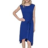 DKNY Women's Cap Sleeve Jewel Neck Drawstring Tie Detail Asymmetrical Hem Dress