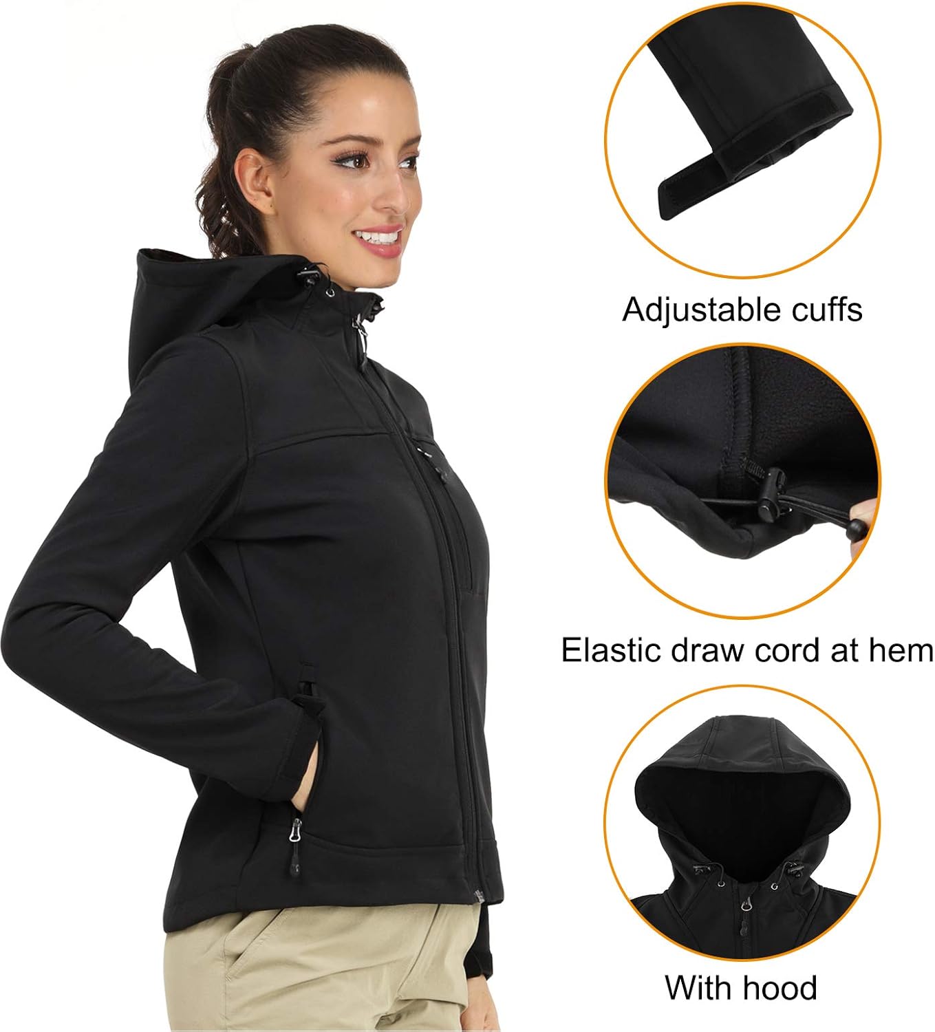 MIER Women's Hooded Softshell Jacket Tactical Jacket with Fleece Lined for Hiking Travel Work Casual, Water Resistant, Black: Clothing