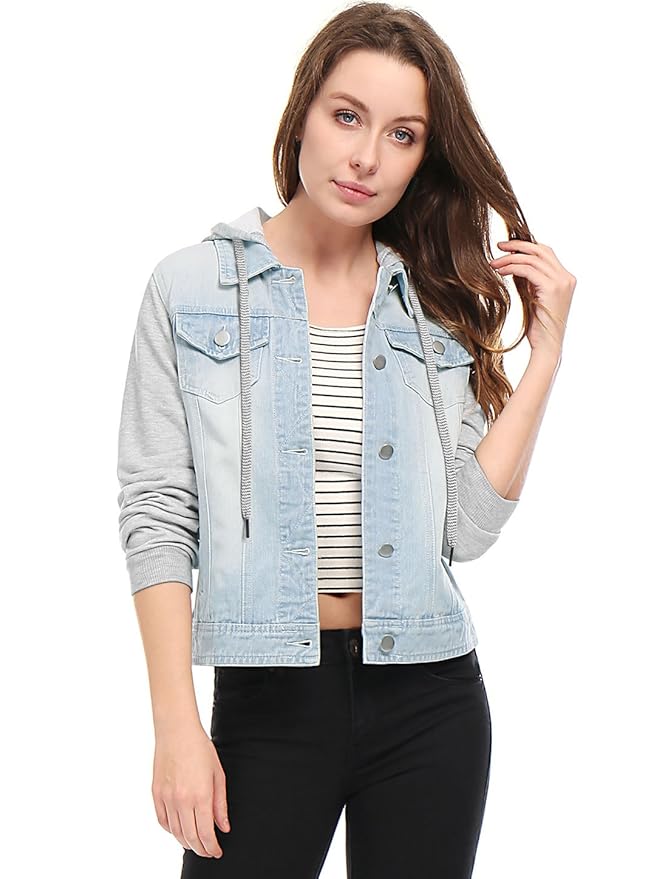 Allegra K Damen Langarm Patchwork Hoodie Jeansjacke Jacke mit Brusttasche