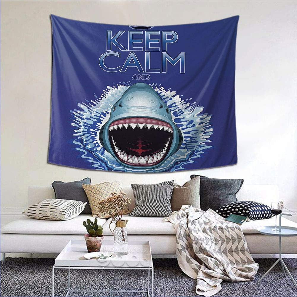 JKTOWN Sea Animals Tapestry Wall Hanging Tapestries Home Decorations for Living Room Decor 70x84 inch Keep Calm and Shark Jaws Attack Predators Hunter Dangerous Wild Aquatic Nature Blue White