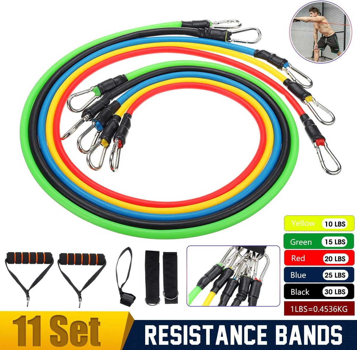 CHARMINER Portable Exercise Resistance Band Set, Fitness Exercises Workout Bands Home Set, with Door Anchor, Handles Ankle Straps, Stackable Up to 100 lbs Resistance(11 PCS)