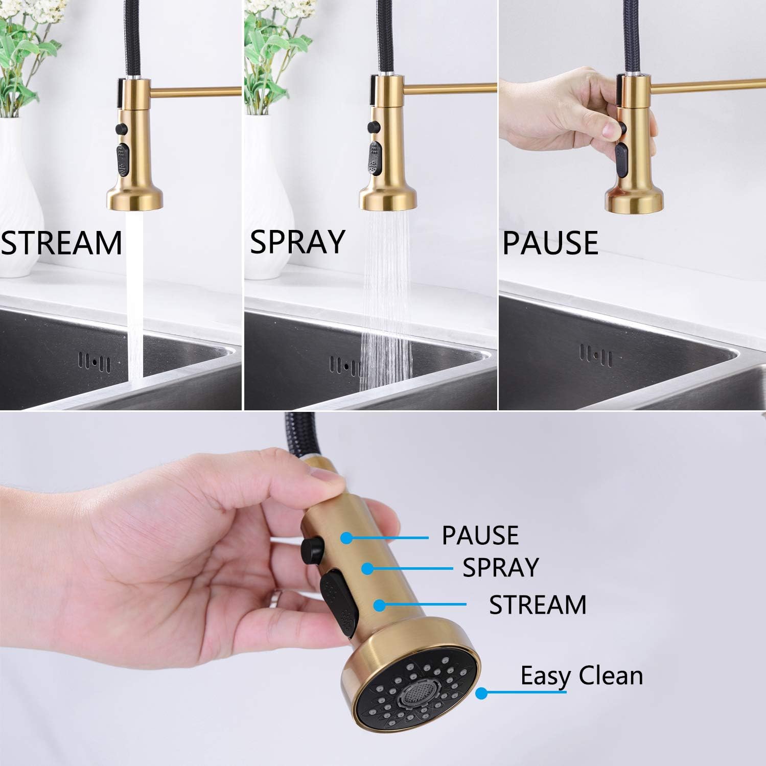 Black Kitchen Faucet Bzoosiu Modern Commercial Spring Solid Brass Pull Down With Sprayer Single Level Handle Pre Rinse High Arc Tall Kitchen Sink Faucet Kitchen Faucets Gob Kitchen Bath Fixtures