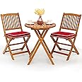 Giantex 3Pcs Patio Bistro Set, Wood Folding Table Set, 2 Cushioned Chairs for Garden Yard, Outdoor Furniture Round Table, Natural & Red
