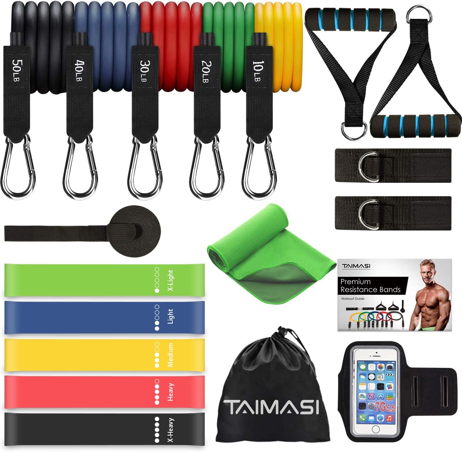 TAIMASI 19PCS Resistance Bands Set Workout Bands, 5 Stackable Exercise Bands with Handles, 5 Resistance Loop Bands, Cooling Towel, Sports Armband, Carry Bag, Guide Book, Ankle Straps, Door Anchor
