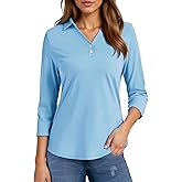 MAGCOMSEN Women's 3/4 Long Sleeve Polo Shirts Collared V Neck Golf Shirts UPF 50+ Quick Dry Casual Work Tops