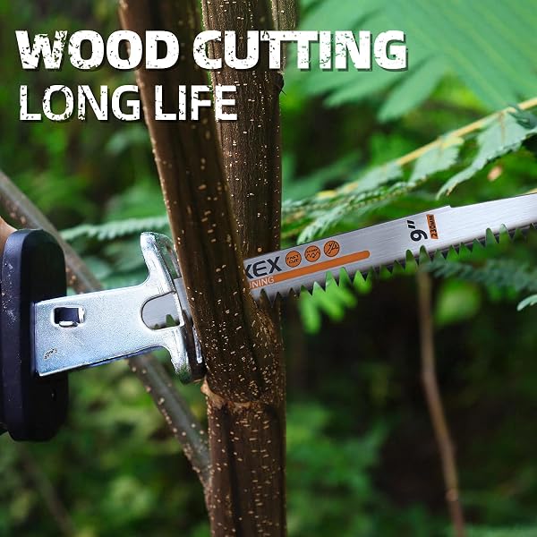 8 PACK 12 INCH 5 TPI WOOD PRUNING RECIPROCATING SAW BLADES FOR TREE TRIMMING AND WET WOOD CUTTING, CR-V SAWZALL BLADES WITH FLEAM-GROUND TEETH FOR LONGER LIFE AND FASTER CUTTING SPEED, 1 X HANDLE