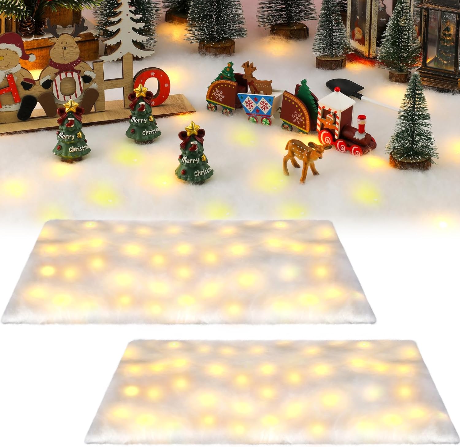 Artificial Snow - 2 Sets LED Christmas Snow Blanket Roll with Lights, Lighted Snow Blanket with LED Light Strings, Artificial Winter Fake Snow Blanket Table Runner for Christmas Village Tree