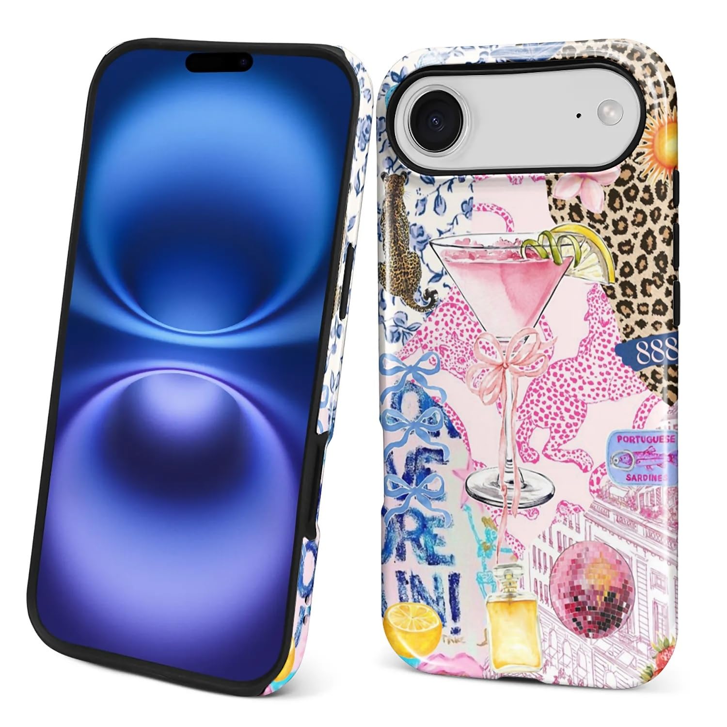 Compatible with iPhone 17 Air Case,Dual-Layer Protection Hard Shell with Silicone Interior,Slim Scratch Resistant Shockproof for Woman Men Leopard Print Wine Glass Collage