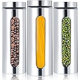 Mimorou 3 Pcs Stainless Steel Canister Set with Glass Windows Visible Storage Jars Silver Kitchen Canister Set for Pasta Flour Oat Sugar Container, Kitchen Tools, Housewarming Gifts(60 oz)