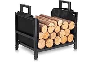 FEED GARDEN Firewood Rack Outdoor Indoor with Log Carrier Bag, 17.7 Inch Heavy Duty Steel Wood Holder for Fireplace, Compact Wood Rack for Firewood Storage, Black