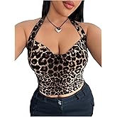 WDIRARA Women's Plus Size Leopard Print Ruched Halter Crop Tops Cowl Neck Tie Back Sleeveless Cami Tops