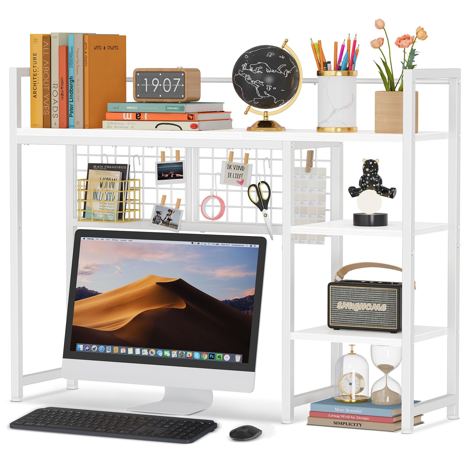 Photo 1 of Snughome Desk Shelf, 38.6" Desktop Organizer Shelf, Desk Hutch for Computer Monitor, 4 Tier Desktop Display Rack with Pegboard Hooks Set, Wood Desk Bookshelf for Home Office Dorm, White