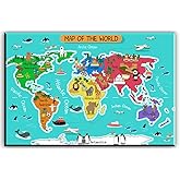 World Map Canvas Wall Art for Kids Room, Typical Animals on Continent Map of the World Canvas Prints for Children Education, 