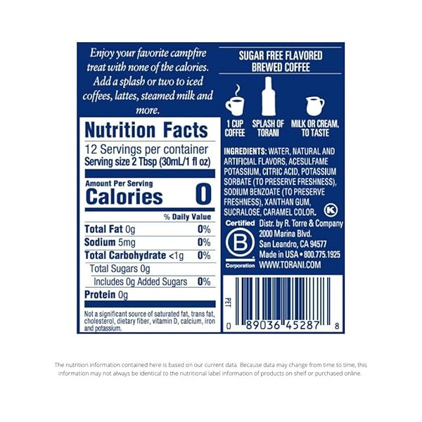 TORANI SUGAR FREE FLAVORED DRINK SYRUP, S’MORES, 12.7 FL OZ