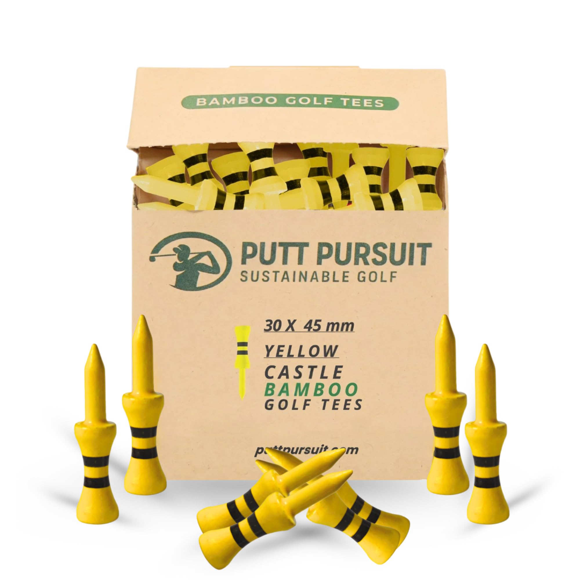 Putt Pursuit 45mm Castle Bamboo Golf Tees - Biodegradable & Sustainable Golf Tees Bamboo Material - Golf Accessories - Golf Tees Wooden - 30 Non Plastic Golf Tees - Yellow Colour Tee